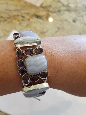 Silver-Tone Blue Periwinkle LaceAgate Stone Purple Stones Bracelet Hand Made